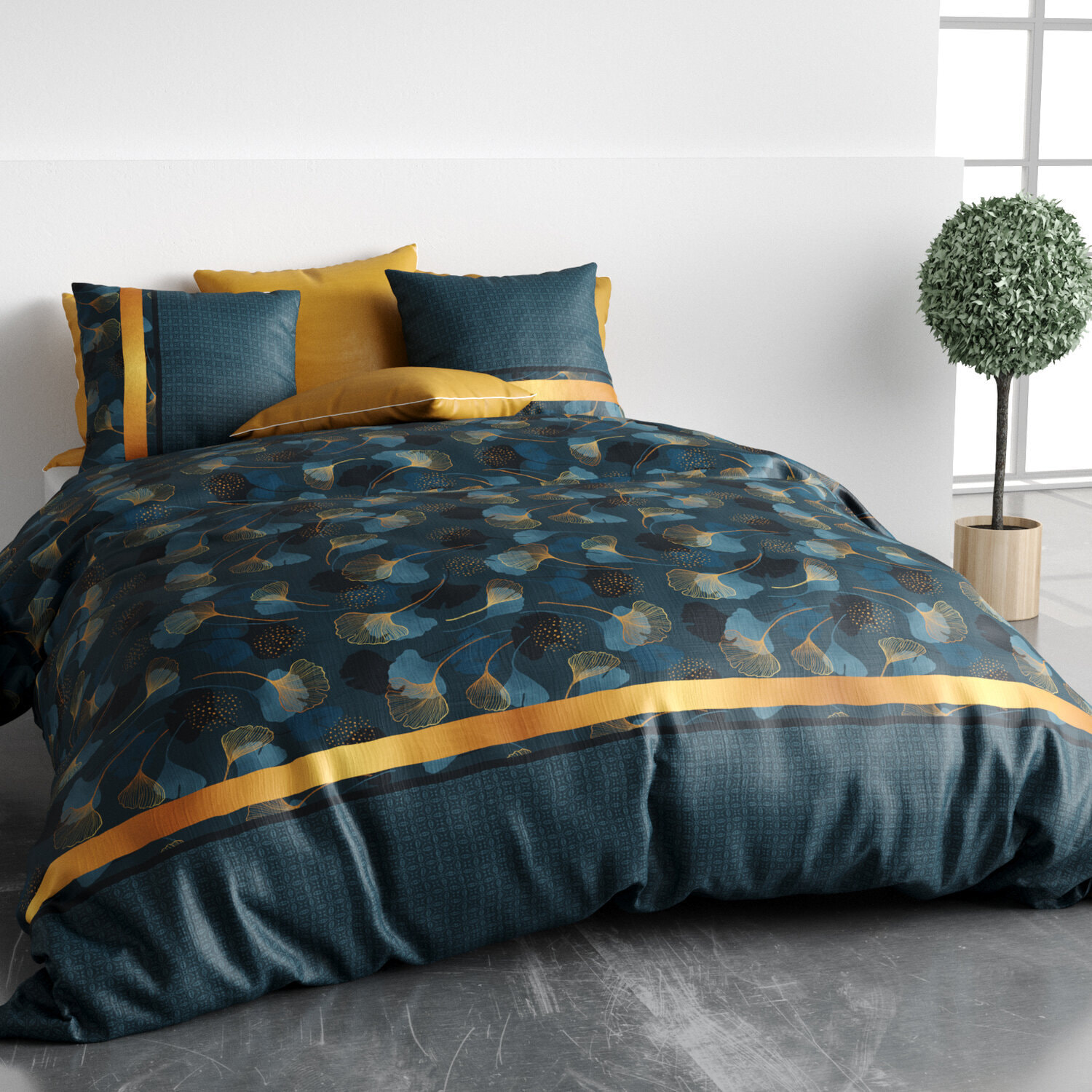 Parure housse de couette imprimé 100% coton - ginko - jaune