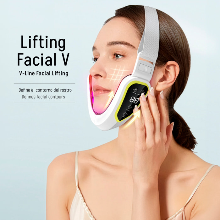 Dispositivo de belleza facial con 12 niveles de ajuste, 5 modos de luz LED y temporizador.