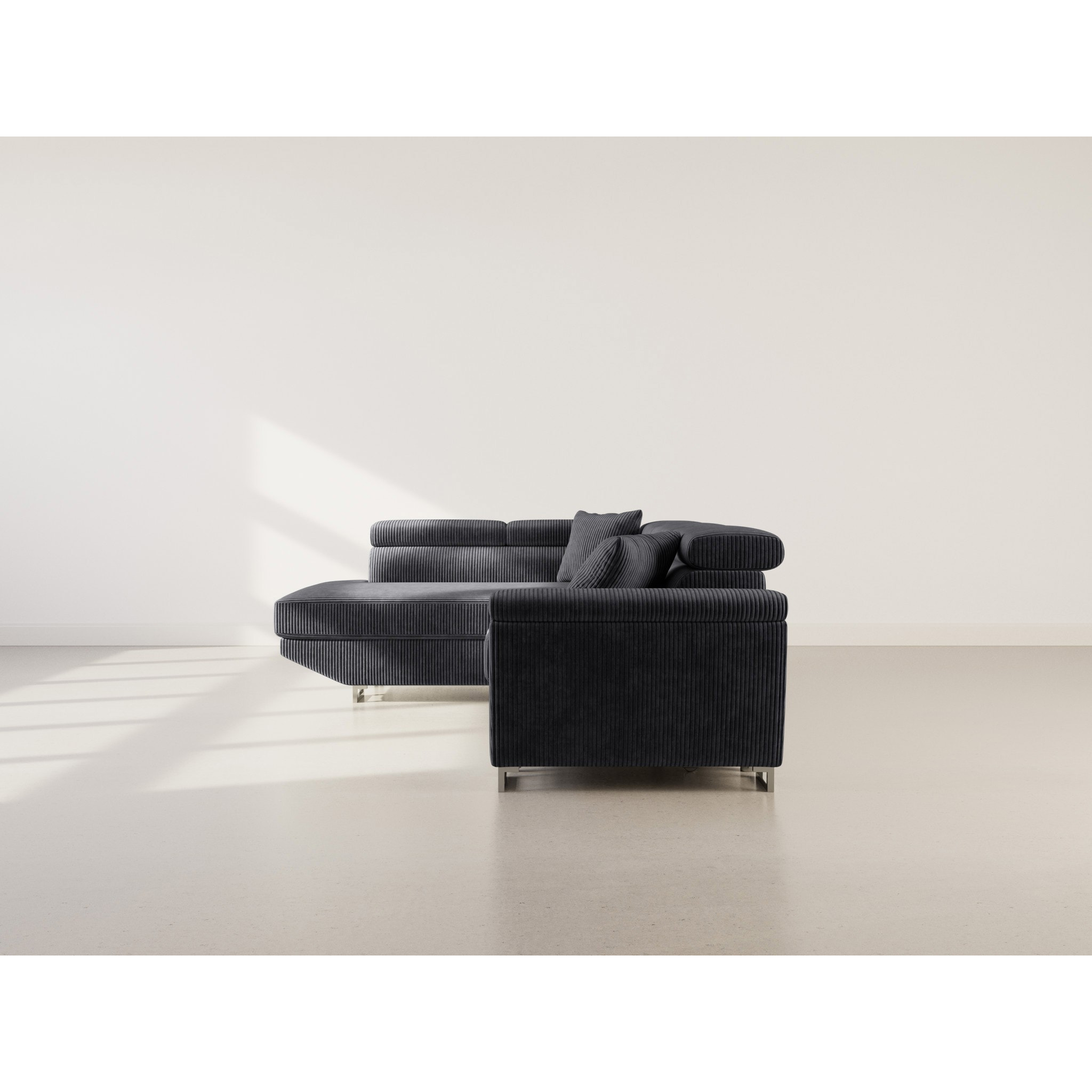 Baoji - Canapé d'angle gauche 5 places convertible avec têtières et coffre en velours côtelé - Gris