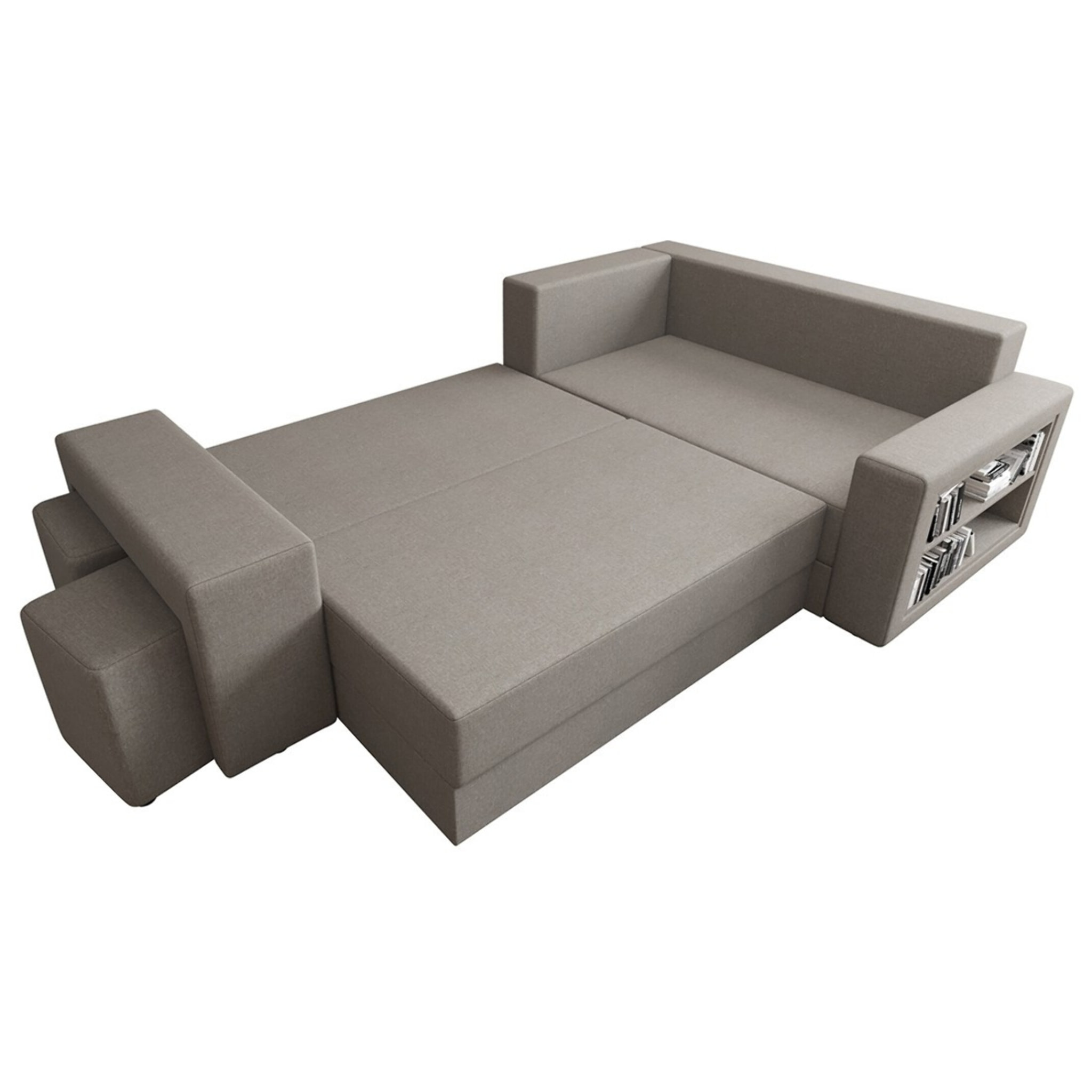 Libbie - Canapé d'angle droit 4 places convertible avec coffre, étagère et poufs en tissu - Gris