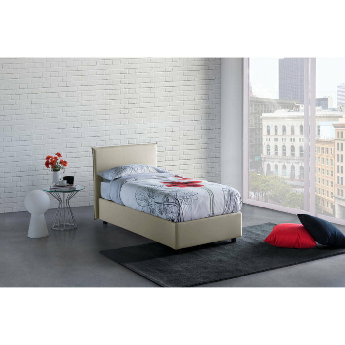 Letto singolo Acuila, Letto contenitore con rivestimento in tessuto, 100% Made in Italy, Apertura laterale, adatto per materasso Cm 80x190, Beige