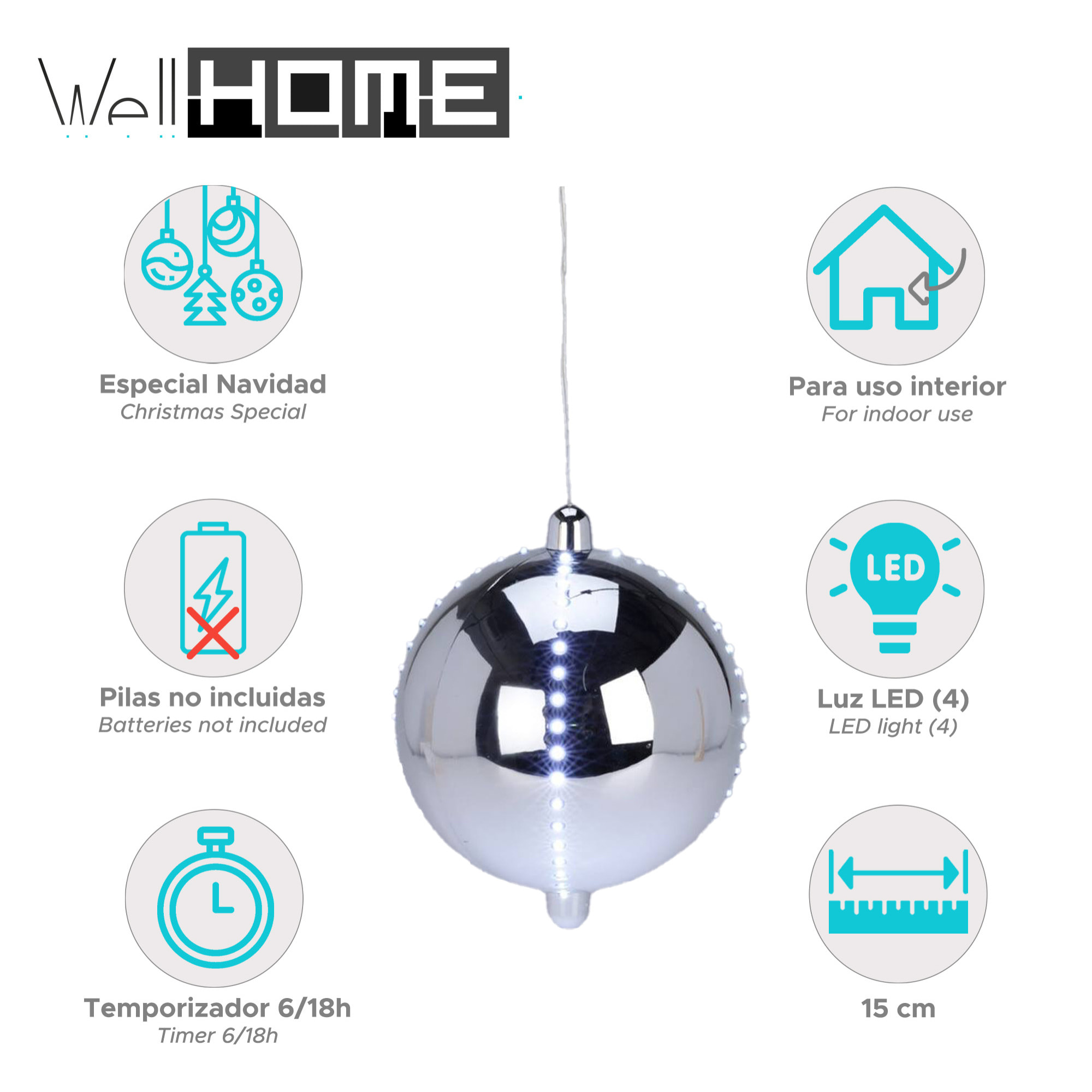 bola de navidad led con 4 tiras de luces 15cm color plata