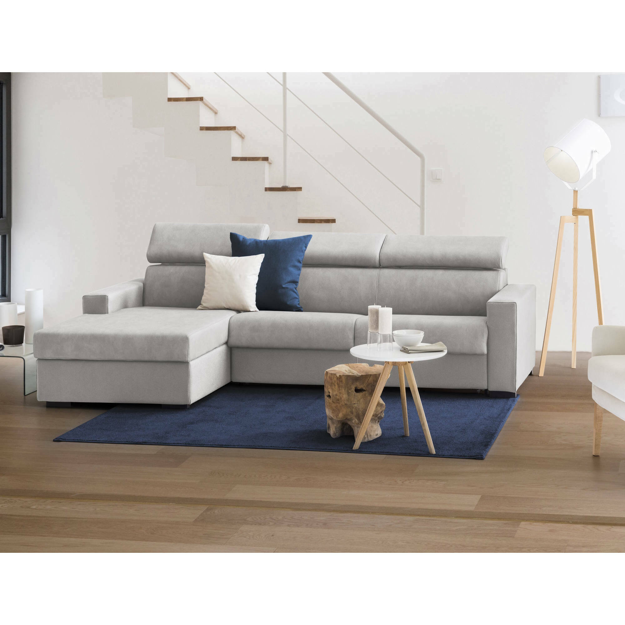 Divano Letto Aleandra, Divano ad angolo, 100% Made in Italy, Sofà con apertura girevole, con Penisola contenitore Sinistra, con Braccioli slim, Cm 260x95h85, Grigio