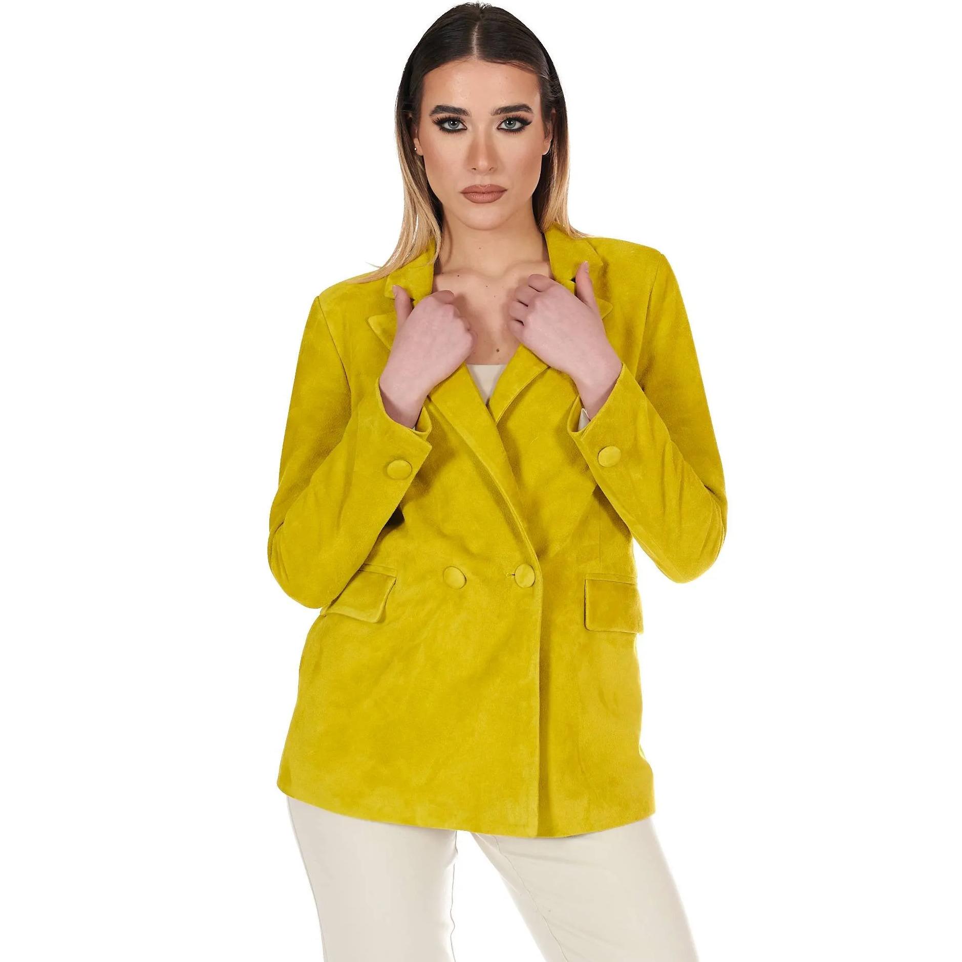 Blazer doppiopetto in pelle camoscio giallo chiusura bottone