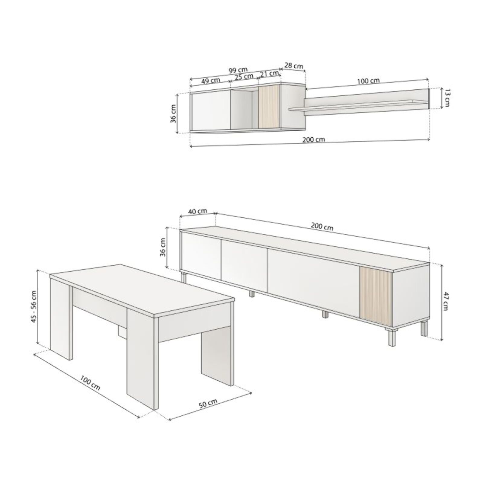 Pack salón con mesa de centro Nitza Plus V2 Blanco Artik (Blanco Mate) - Natur