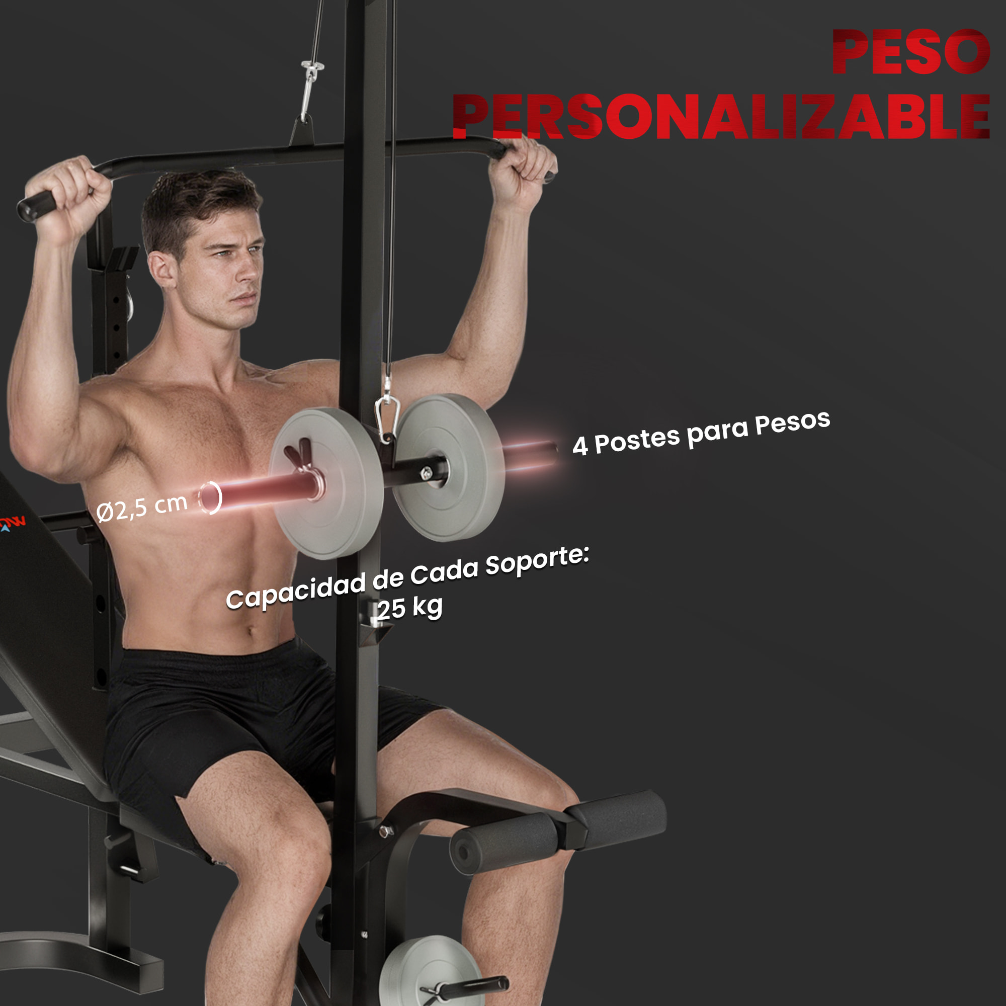 Banco de Musculación Multifuncional Inclinable, Banco de Pesas, Press Banca con Soporte para Barra Ajustable, Extensión Piernas, Curl de Predicador, Mariposa, Entrenamiento en Casa, Gimnasio