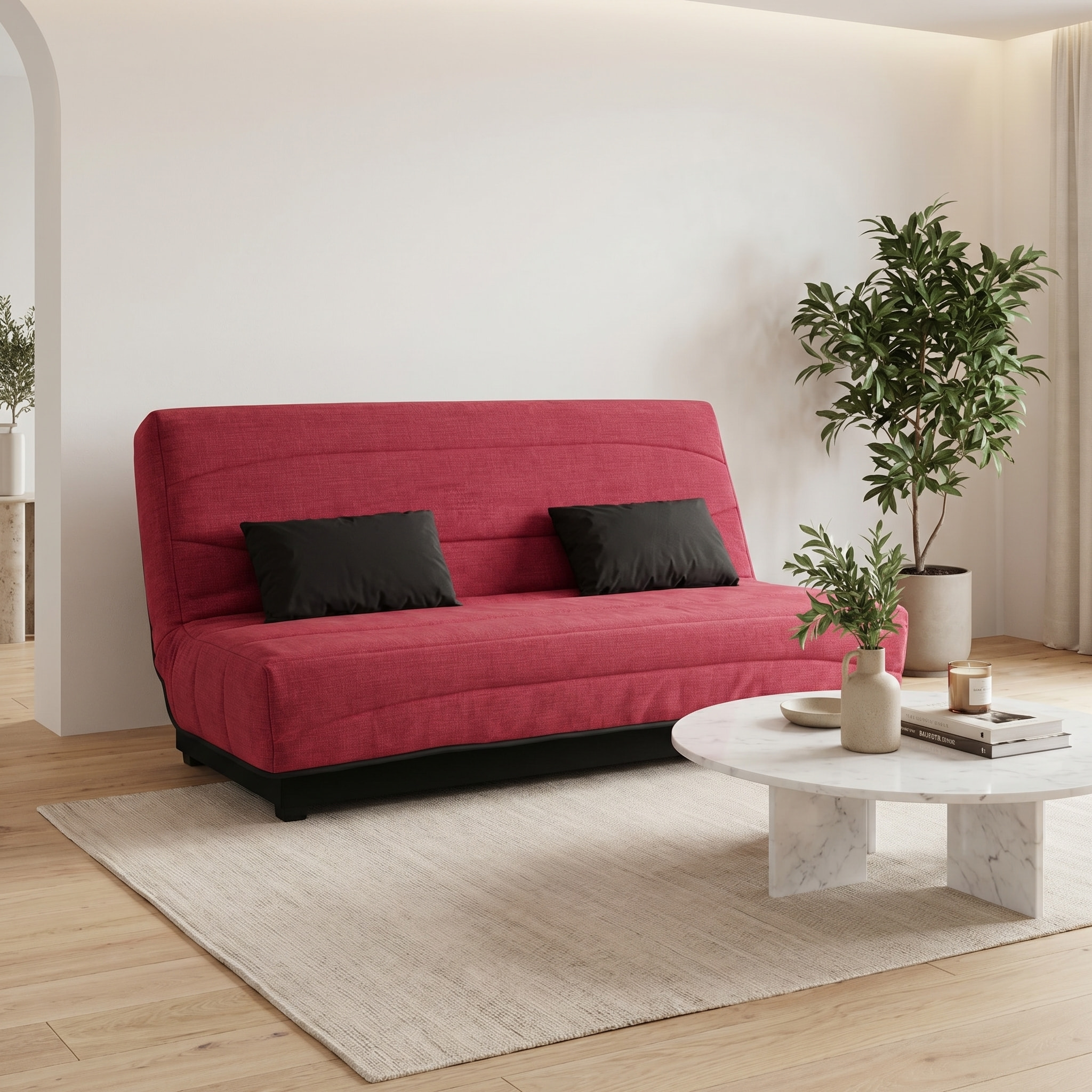 Canapé convertible Noe, matelas Simmons, 130 x 190 cm, 2 coussins offerts, framboise
