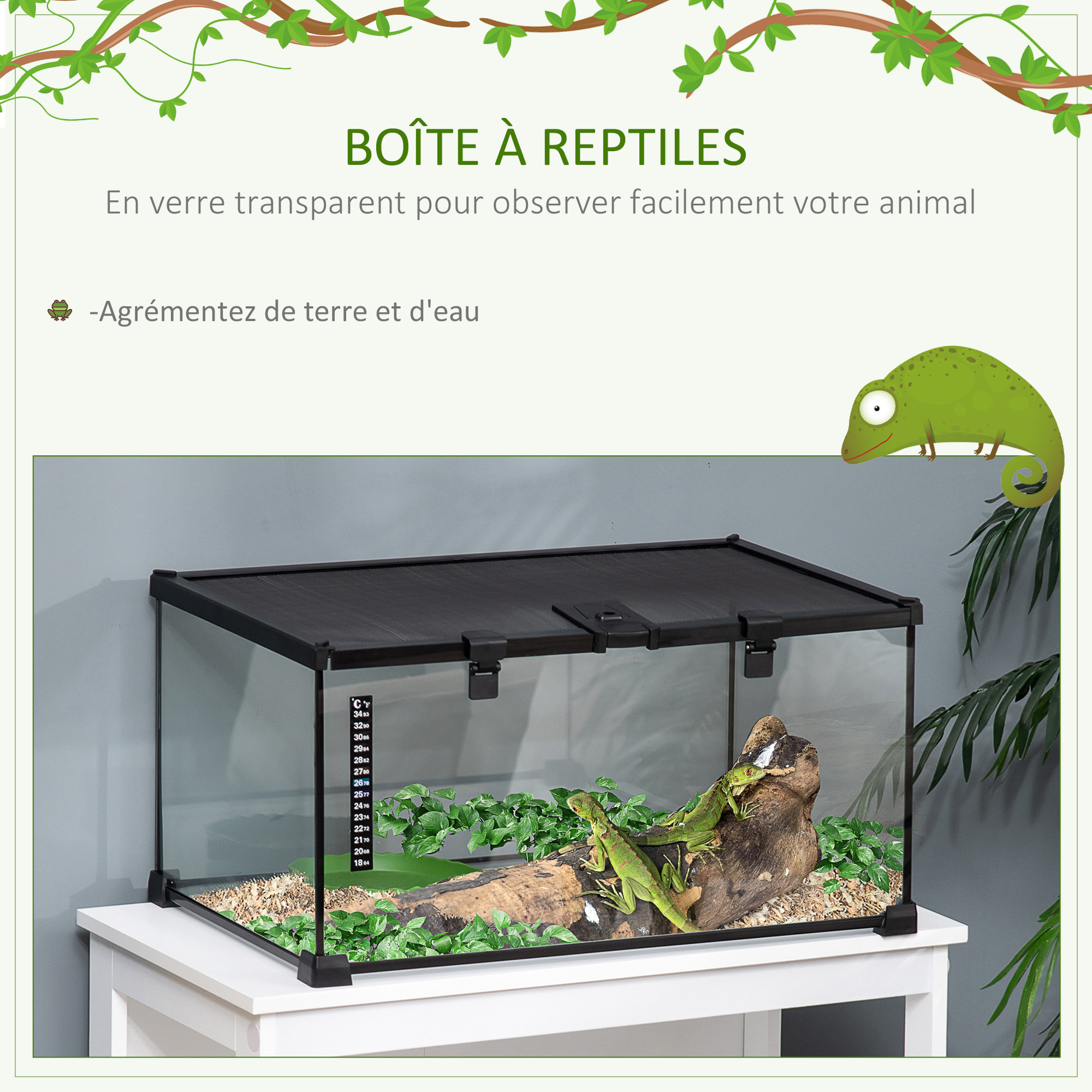 Terrarium en verre - vivarium reptiles & batraciens - habitat tortue - couvercle grillagé coulissant verrouillable - distributeur eau, thermomètre inclus - métal noir verre