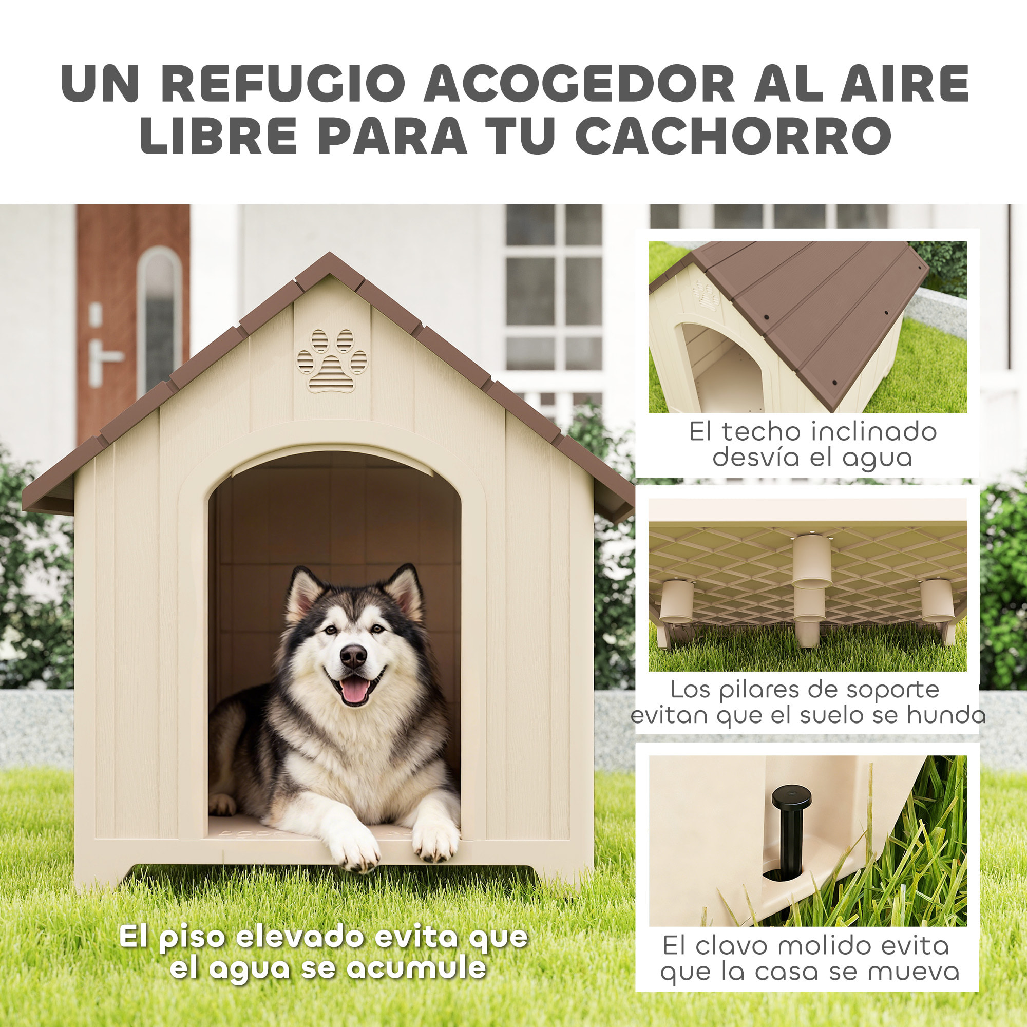 Caseta para Perros Exterior, Casa para Perros Extragrandes de Plástico Impermeable con 2 Ventanas, Base Elevada, Estacas, Fácil de Montar, 102x94x103 cm, Beige
