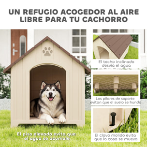 Caseta para Perros Exterior, Casa para Perros Extragrandes de Plástico Impermeable con 2 Ventanas, Base Elevada, Estacas, Fácil de Montar, 102x94x103 cm, Beige