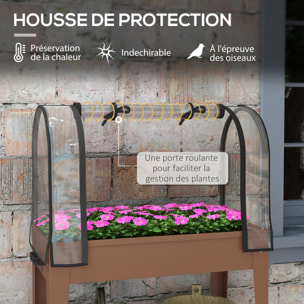 Jardinière métal surélevée mobile avec bâche transparente et étagère marron