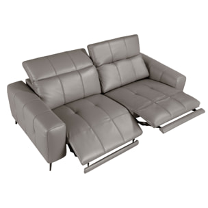Sofá relax Angel Cerdá de 3 plazas tapizado en piel de origen vacuno en gris con reposacabezas patas de acero inoxidable en epoxi negro 2 sistemas de relax eléctrico 216x110x98cm