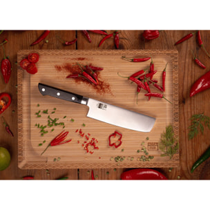 Il Set Deluxe Completo Hashi Classico 10 pezzi: 5 coltelli (ufficio + petty + nakiri + santoku + gyuto) + supporto magnetico per coltelli in bambù + tagliere in bambù + set per affilatura grana 180/800 + acciaino + forchetta da taglio