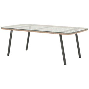 Table basse de jardin style Acapulco piètement incliné acier noir résine filée effet naturel plateau verre trempé