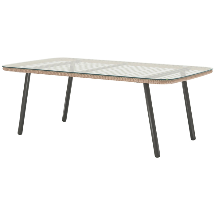 Table basse de jardin style Acapulco piètement incliné acier noir résine filée effet naturel plateau verre trempé