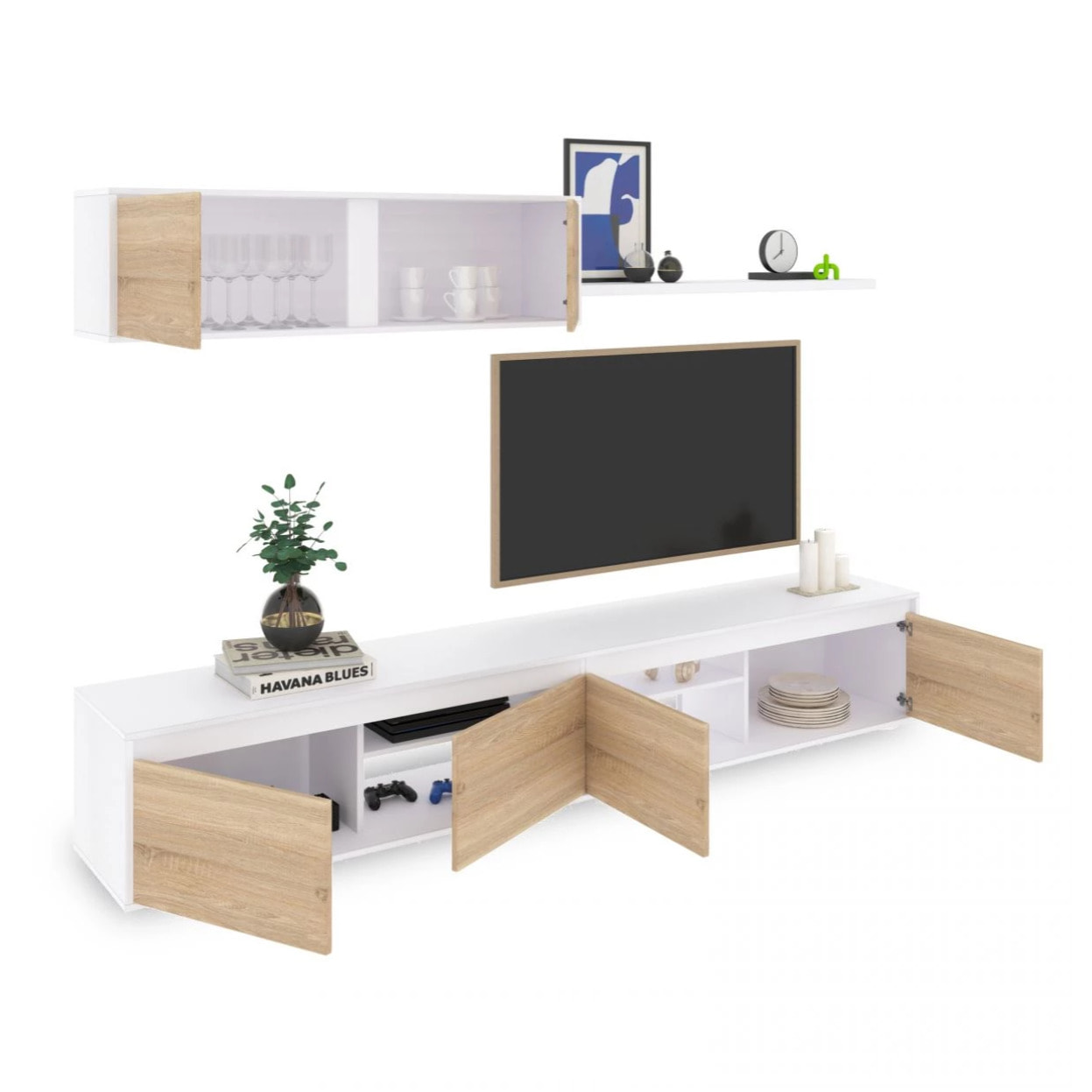 Salón con mueble de TV y estantería en blanco mate y roble canadian 200 cm Arlet Blanco Artik (Blanco Mate) - Roble Canadian