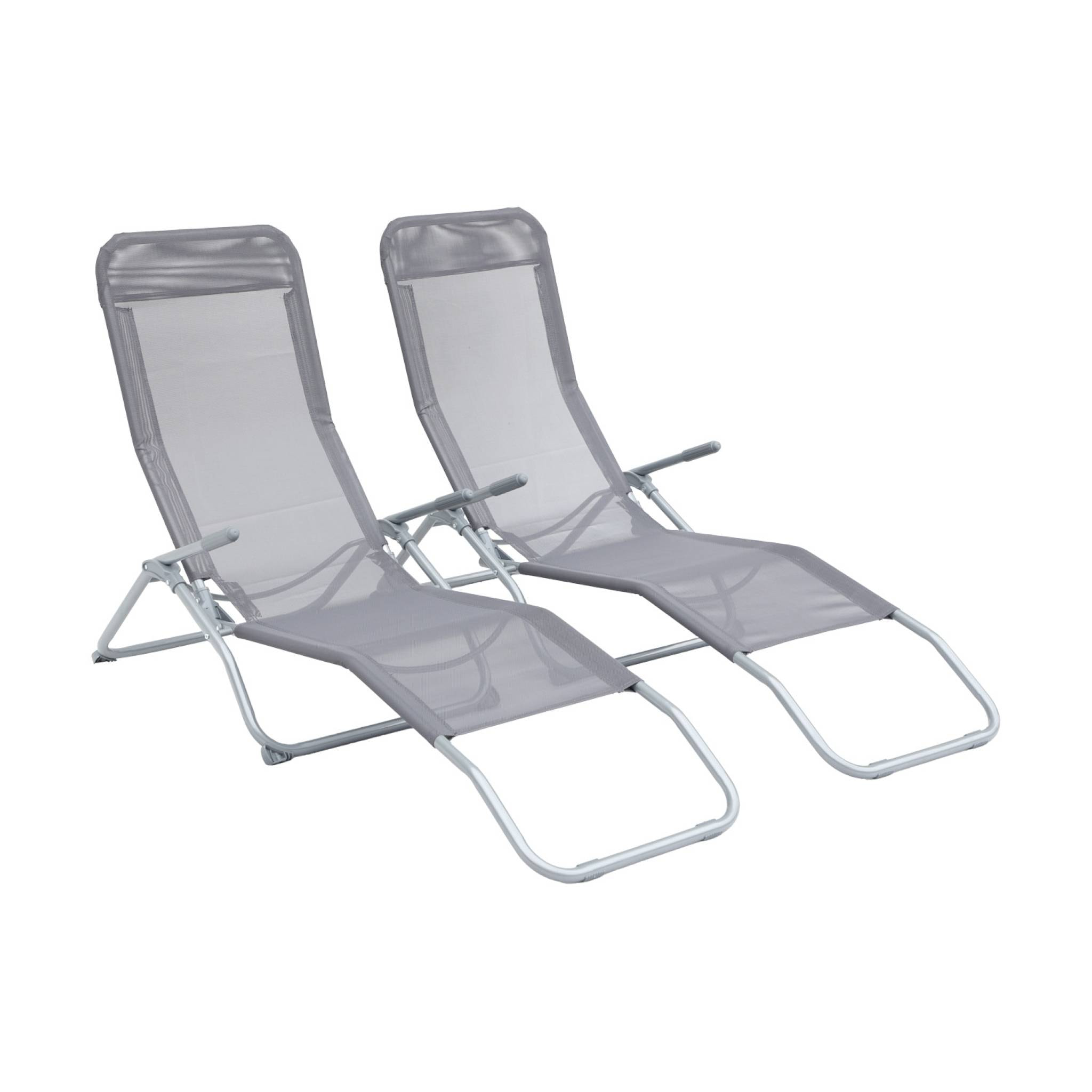 Lot de 2 bains de soleil pliants - Levito Gris Anthracite - Transats textilène 2 positions. chaises longues