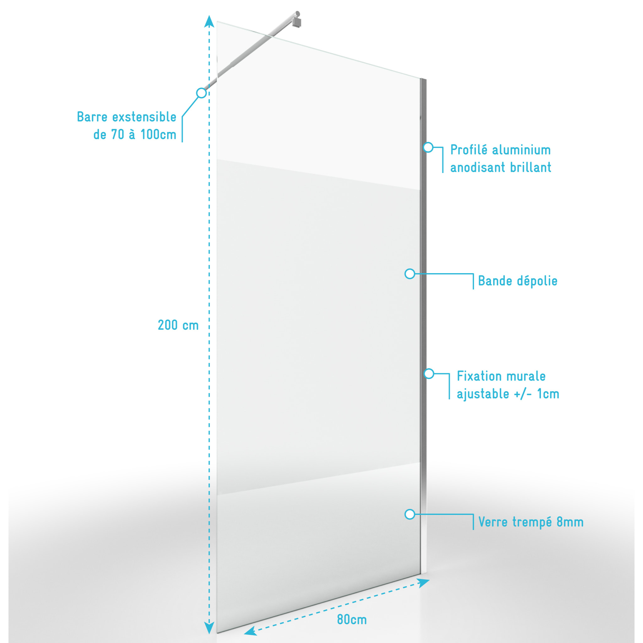 Paroi de Douche Dépolie 80x200cm + Barre de fixation extensible - Verre 8mm - Finition Chrome
