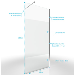 Paroi de Douche Dépolie 80x200cm + Barre de fixation extensible - Verre 8mm - Finition Chrome