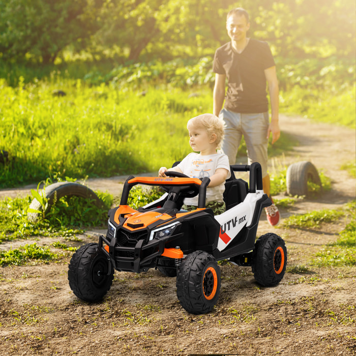 Coche Eléctrico para Niños 12V, Coche de Batería UTV con 2 Motores, Control Remoto 2,4G, Velocidad hasta 7 km/h, Sistema de Suspensión, Faros, USB, para Niños de +3 Años, Naranja