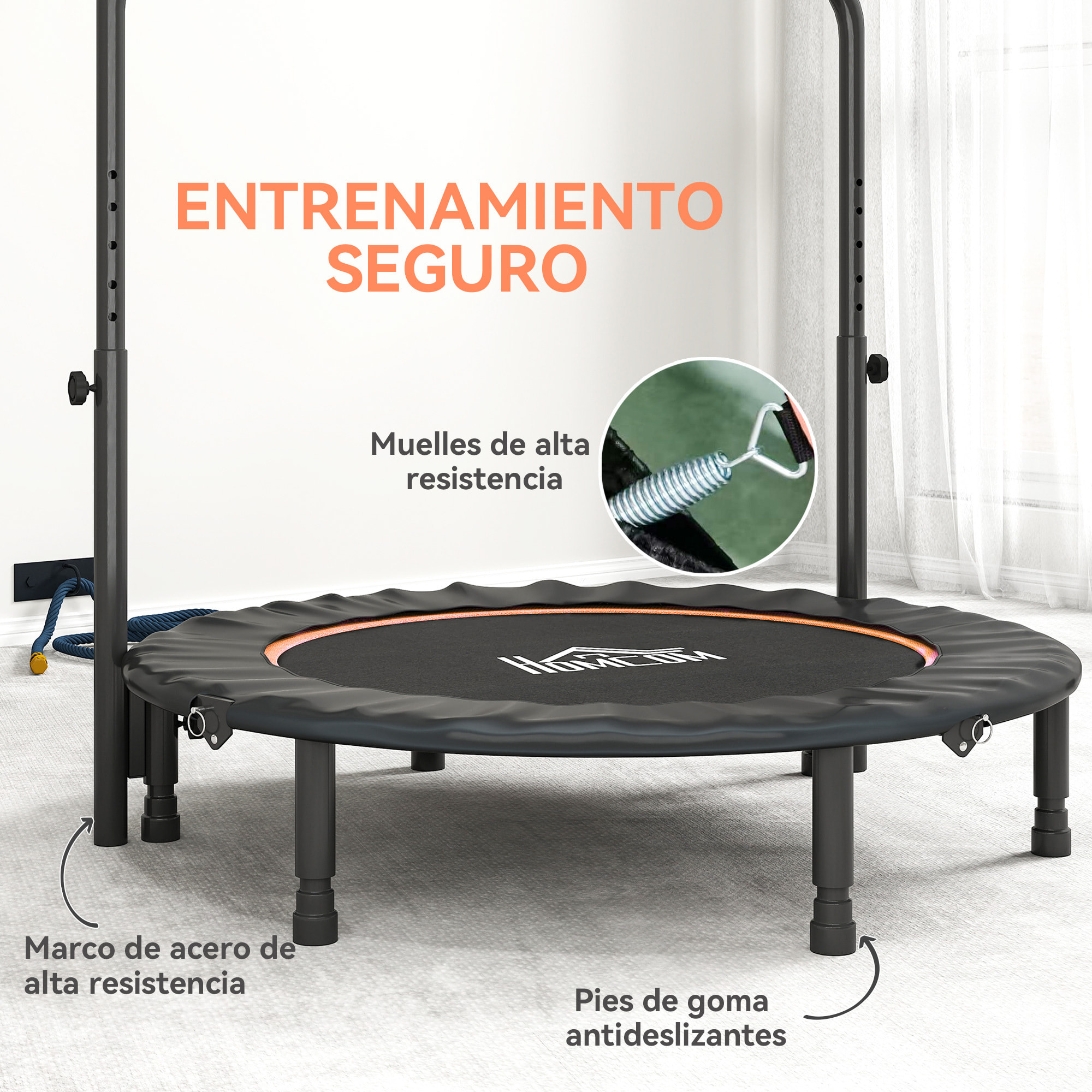 Trampolín de Fitness Adultos Ø114 cm, Cama Elástica Plegable con Mango Ajustable de 4 Niveles, Marco de Acero, para Entrenamiento Piernas, Cuerpo en Hogar, Oficina, Gimnasio, Naranja y Negro