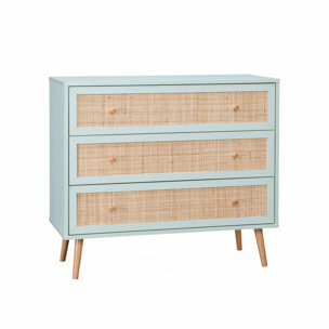 Commode en décor bois vert céladon et cannage 90x39x79cm - Bohème - 3 tiroirs