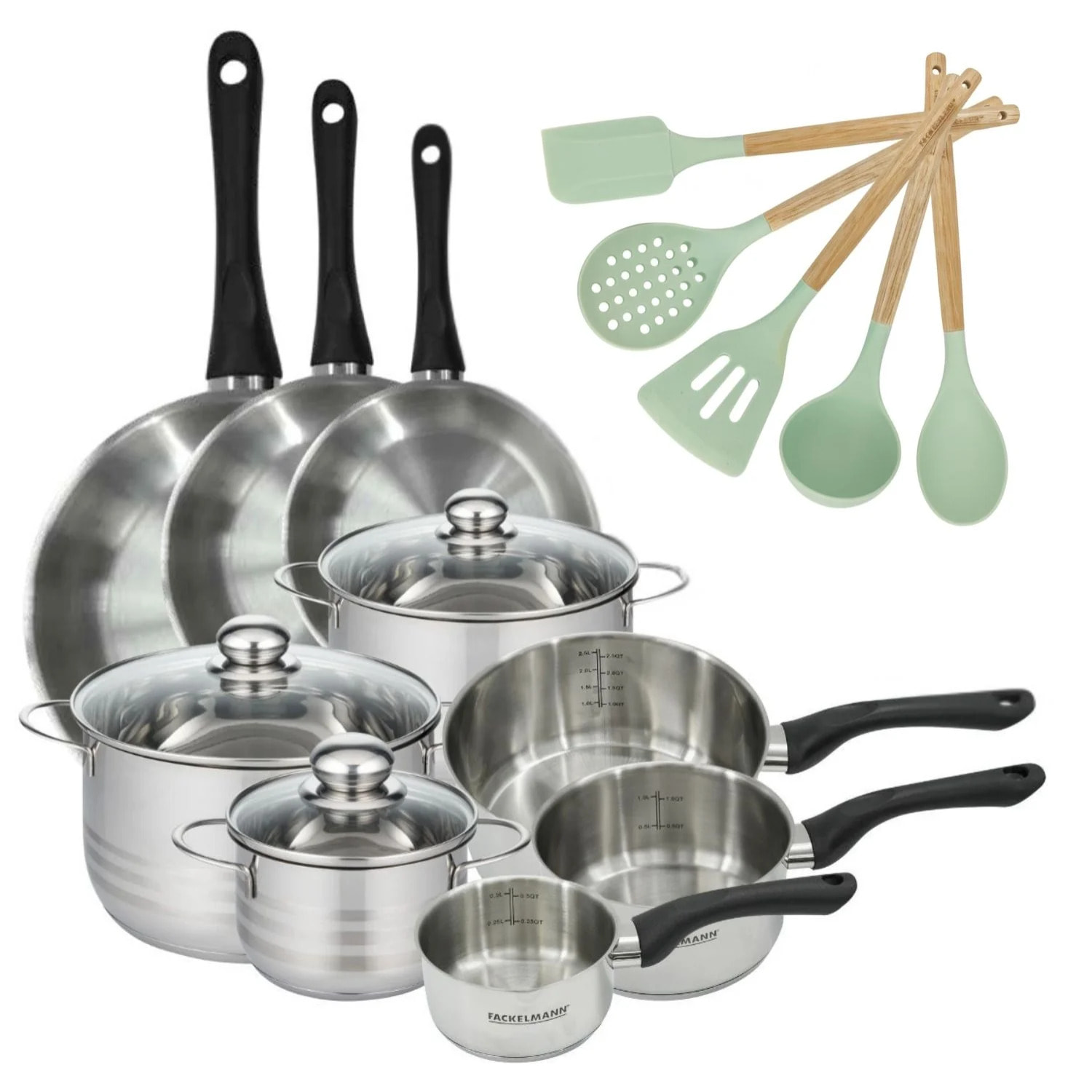 Lot 3 Poêles 20/24/28 cm, 3 Faitouts 16/20/24 cm & 3 Casseroles 12/16/20 cm Fackelmann Geneva et 5 ustensiles