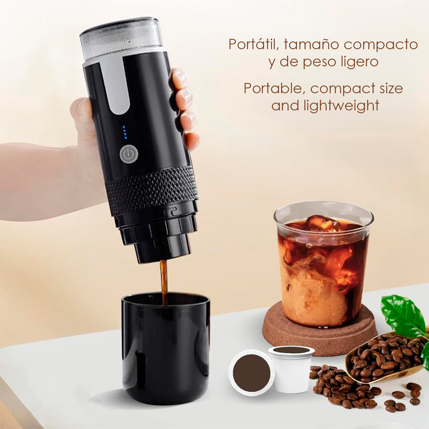 Cafetera de cápsulas portátil con tanque de 170 ml, batería recargable de 1200mAh y calentador eléctrico.