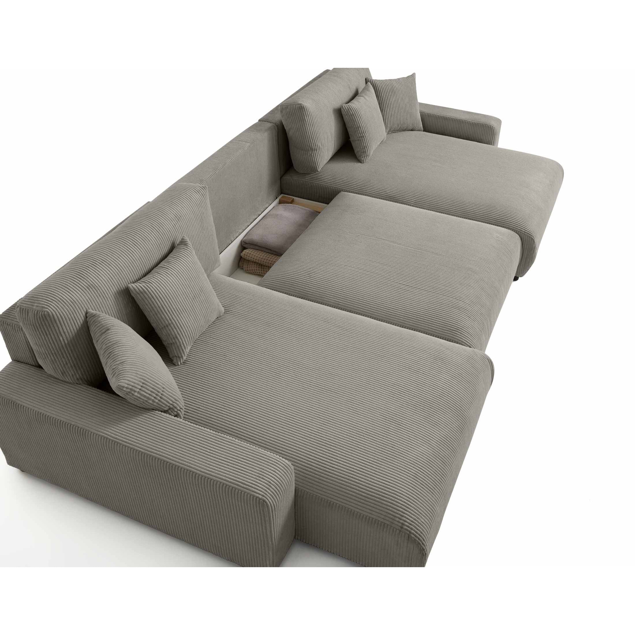 Pivoine - canapé panoramique en U - 7 places - convertible avec coffre - en velours côtelé - Gris clair