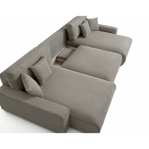 Pivoine - canapé panoramique en U - 7 places - convertible avec coffre - en velours côtelé - Gris clair