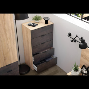 Comò Alto 5 Cassetti Sinfonier Stile Industriale Comodino Mobile Contenitore Salvaspazio Moderno Camera Da Letto 110 x 60 x 40 Cm Rovere E Ossido