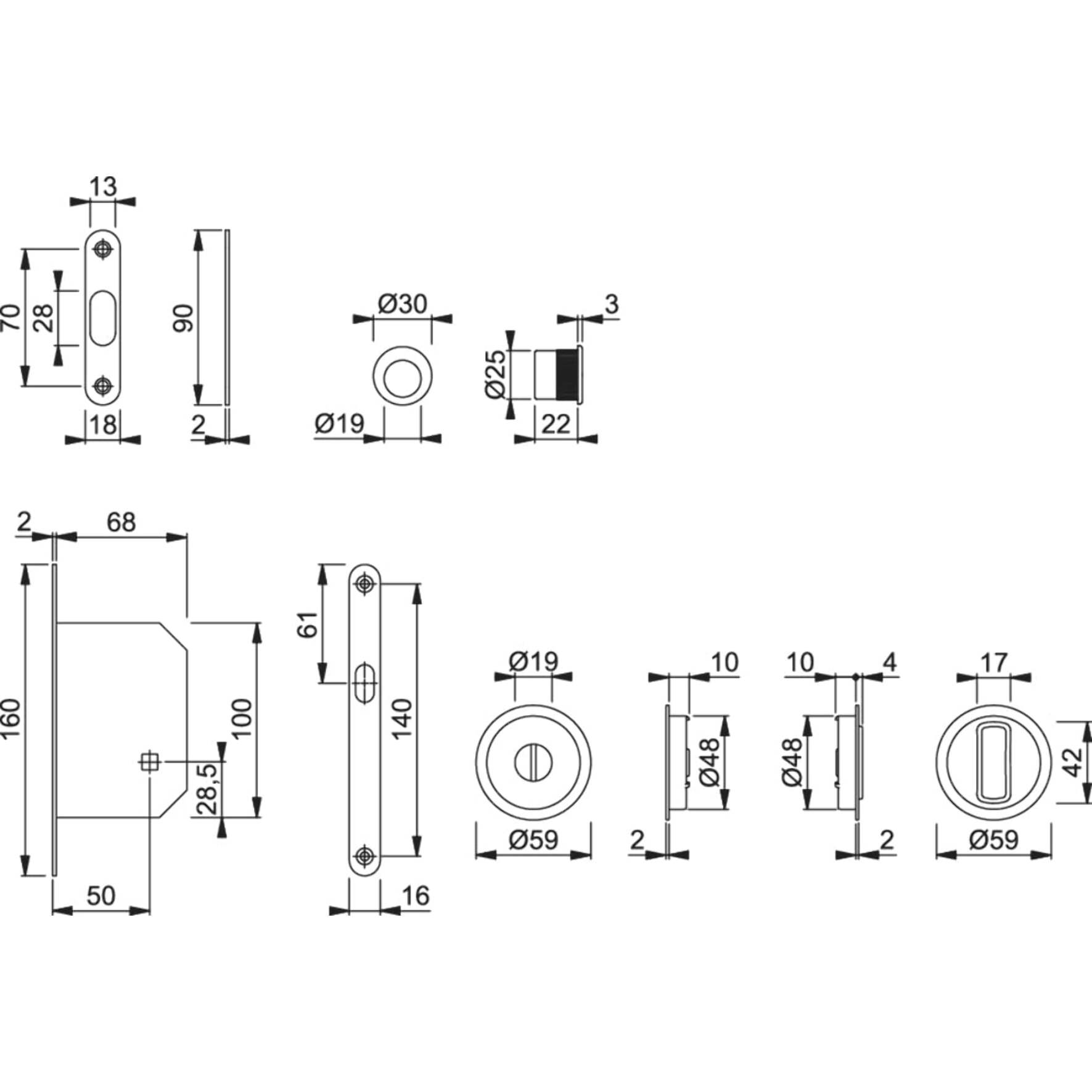 Set 1 aluminium pour porte coulissante 4920 F249 ronde aspect chromé brillant, aveugle sans gâche, cuvette + doigt - HOPPE - 3948041