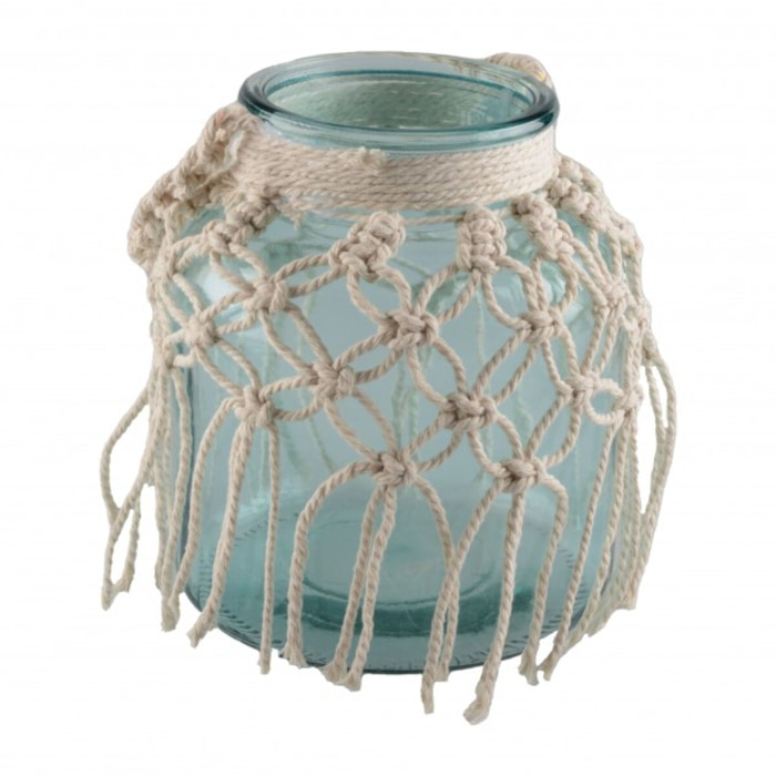 Vase en verre vert d'eau macrame h.16.5cm