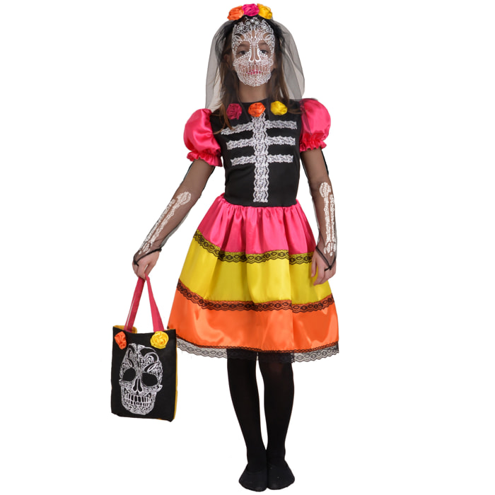 Skull Flower Girl Costume Halloween Dia De Los Muertos Velo Borsetta Bambina