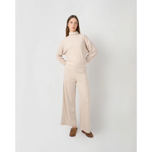 Pantalón largo ancho canalé beige