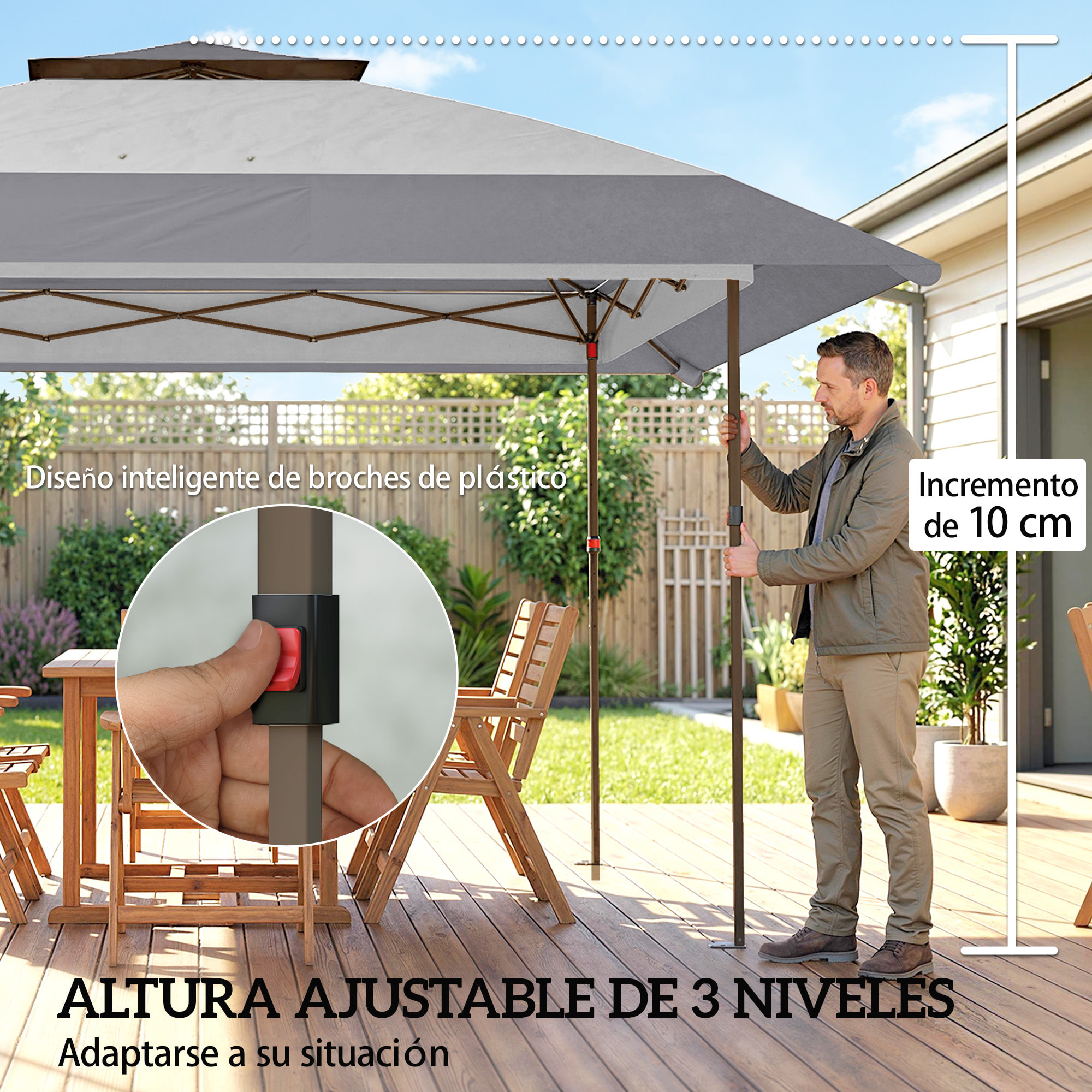 Carpa Plegable 4x4 m, Pop-up, con Doble Techo, 4 Paredes Laterales de Malla, Cenador de Jardín con Altura Ajustable 3 Niveles, Bolsa de Transporte, UPF30+, Gazebo para Camping, Fiestas, Gris