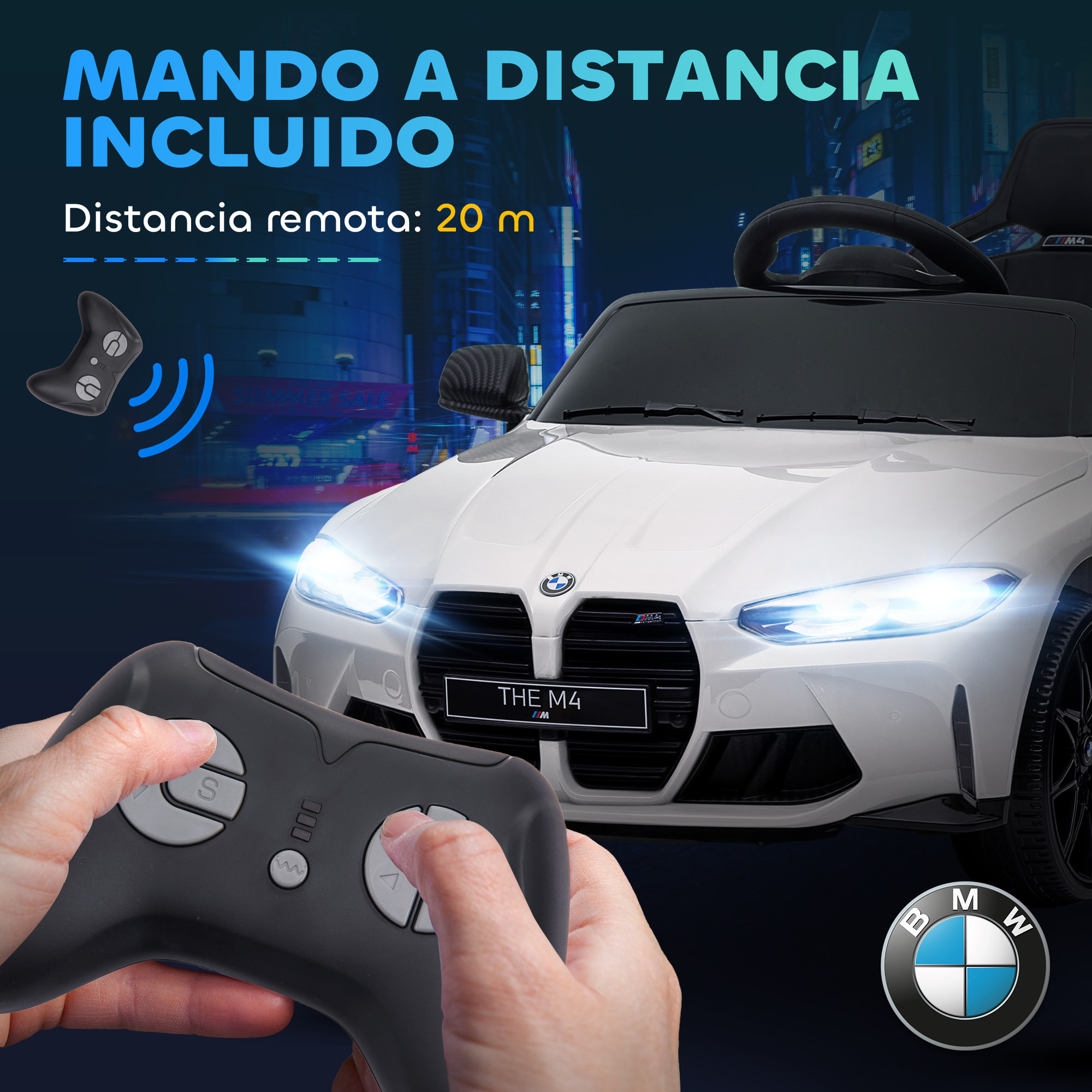 Coche Eléctrico para Niños, BMW M4, Coche de Batería 12V, con Mando a Distancia 2,4 G, Ruedas Traseras con Suspensión, Faros LED, Música, USB, Motor Doble, Blanco
