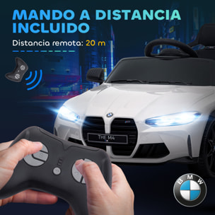 Coche Eléctrico para Niños, BMW M4, Coche de Batería 12V, con Mando a Distancia 2,4 G, Ruedas Traseras con Suspensión, Faros LED, Música, USB, Motor Doble, Blanco