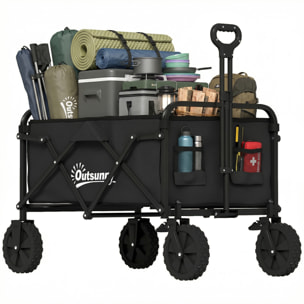 Carro Playa con Ruedas Grandes Bloqueables, Carro de Jardín Plegable con Mango Ajustable, Portavasos y Marco de Metal, Carga 80 kg, Carrito Transporte para Jardín, Campaña, Compras, Negro