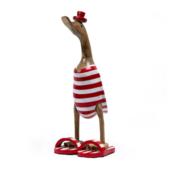 Statue H. 40 cm canard maillot rouge et blanc rayé en bois de teck - DUCK