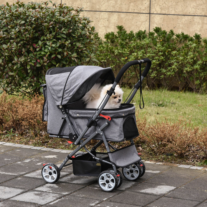 Poussette buggy pliable chien chat panier et sac de rangement attaches sécurité housse réglable poignée réversible acier Oxford gris chiné noir