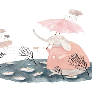 Affiche enfant jour de pluie chez madame éléphant  Affiche + cadre en bois - Chêne