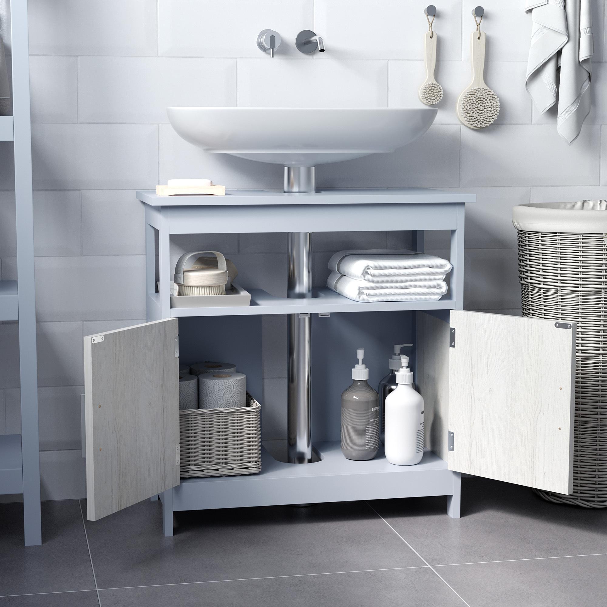 Mueble para Debajo del Lavabo Armario de Suelo de Baño con 2 Puertas y Estante de Almacenaje Carga 15 kg Estilo Moderno Antivuelco 60x30x62 cm Gris