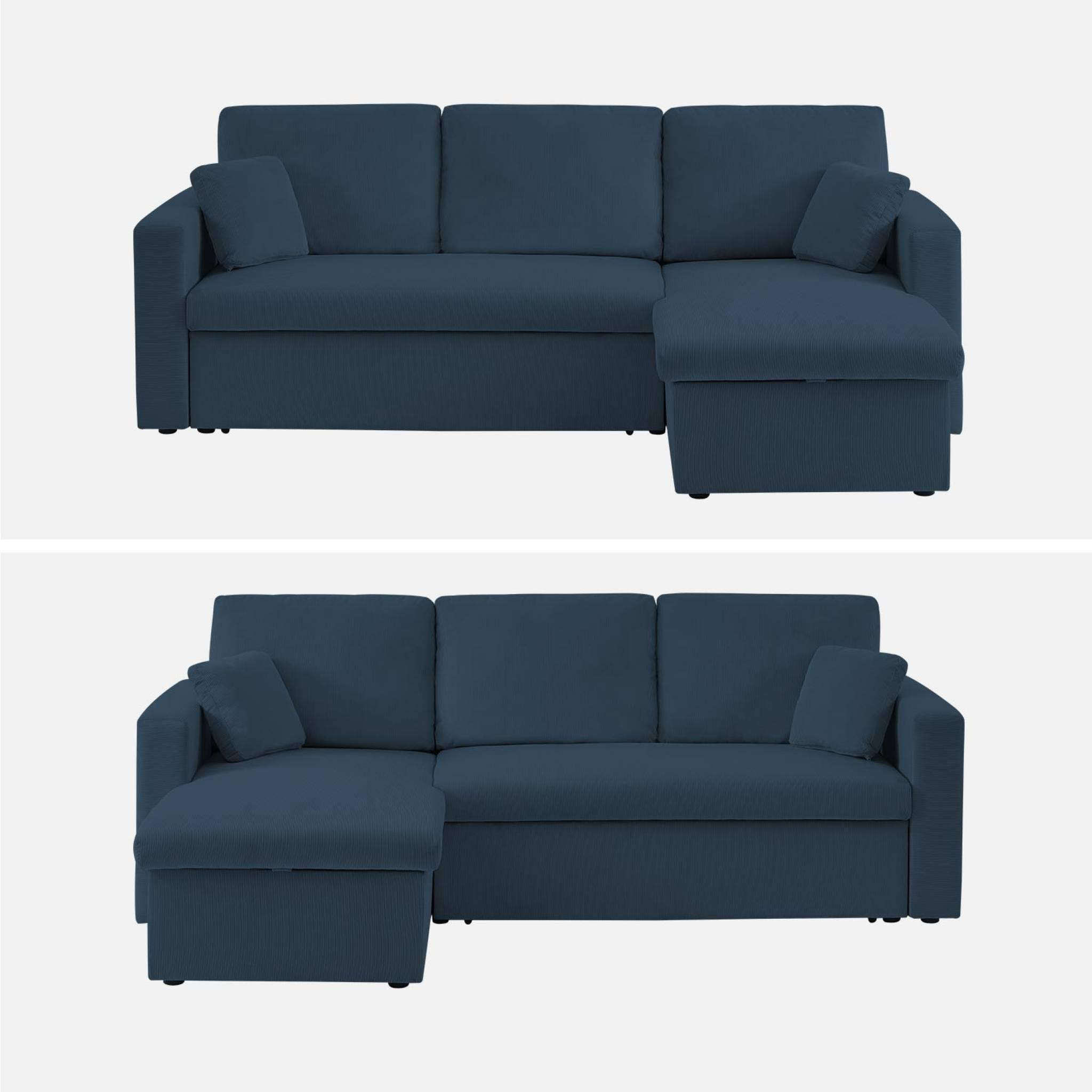 Canapé d'angle convertible en velours côtelé bleu - IDA - 3 places. fauteuil d'angle réversible coffre rangement lit modulable
