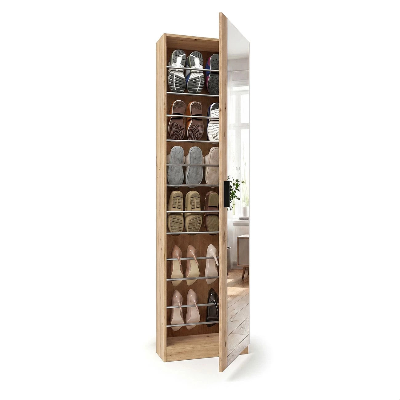 Zapatero alto de 1 puerta con espejo en alpine oak 180x50 cm Roma Alpine Oak