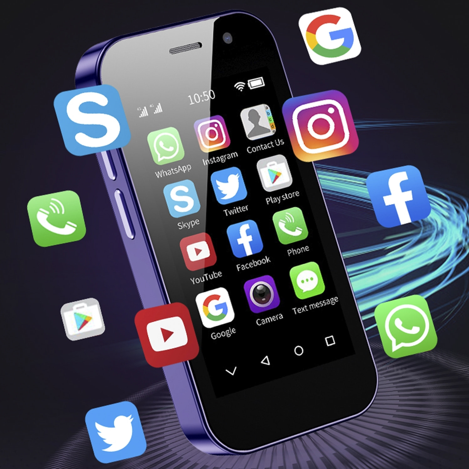 DAM Smartphone  Mini 14 PRO 4G, Android 9.0, 3GB RAM + 64GB. Schermo da 3''. Doppia scheda SIM. 4,7x1,2x9,4 cm. Viola