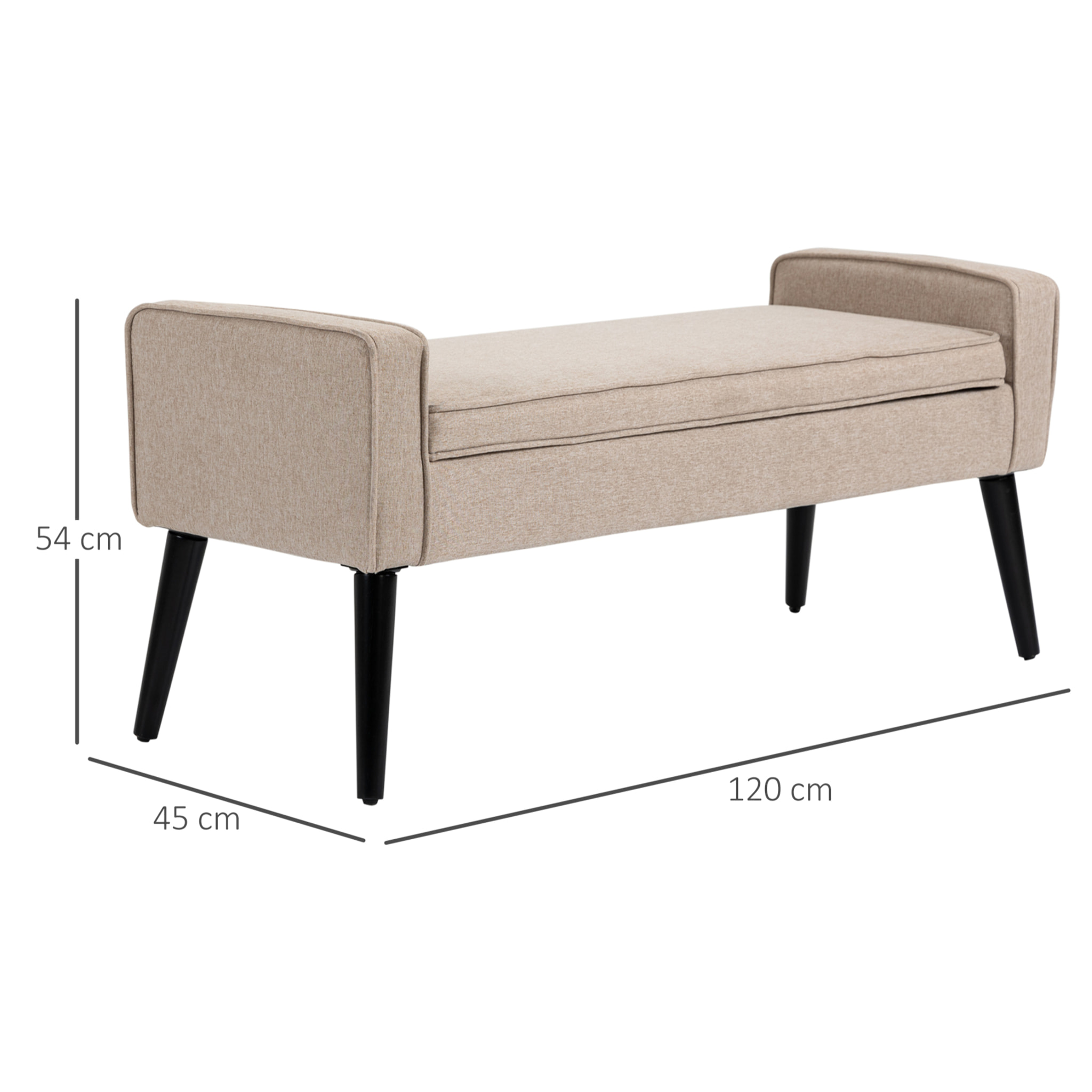 Banquette coffre de rangement 2 en 1 style contemporain pieds effilés bois d'hévéa noir aspect lin beige