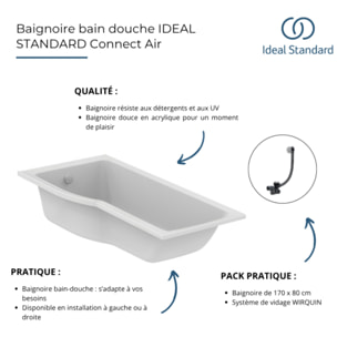 Baignoire bain douche 170 x 80 cm droite Connect Air + vidage Noir mat