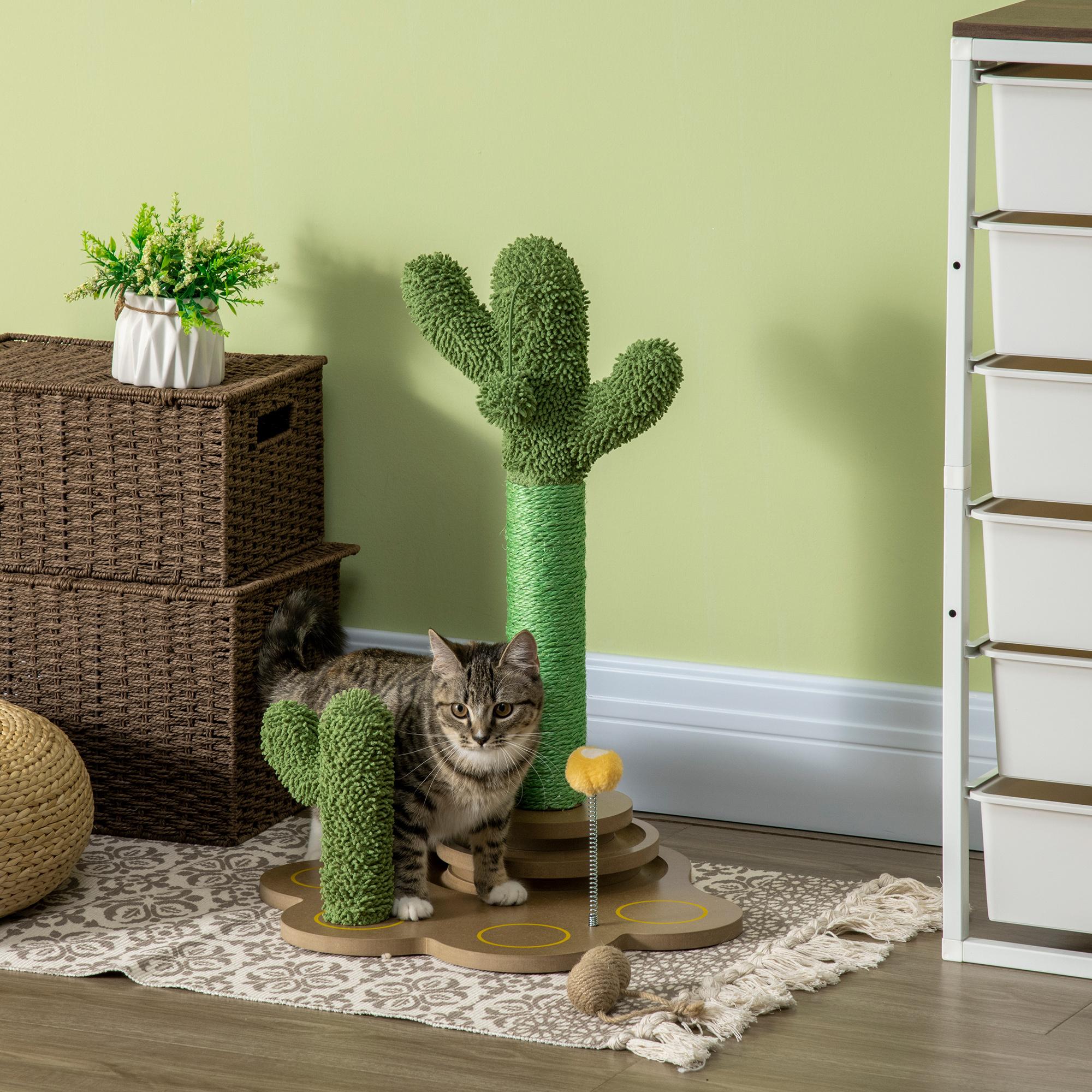 Árbol Rascador para Gatos Pequeños con Postes de Cactus Altura 60 cm Torre para Gatos de Chenilla con Juguetes de Pelotas 46x43x60 cm Verde