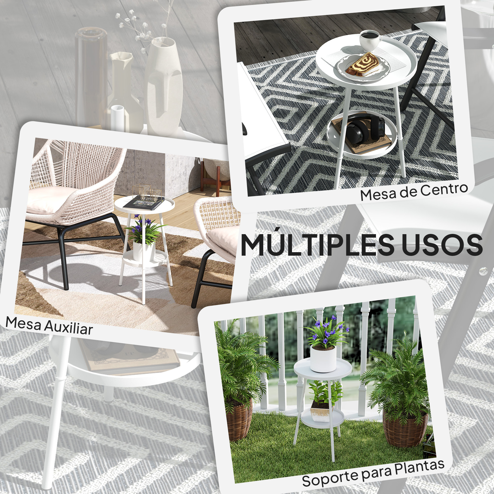 Mesa de Jardín Redonda de 2 Niveles Mesa de Terraza Exterior Ø32x51 cm con Bandeja Inferior y Estructura de Metal para Exterior e Interior Blanco